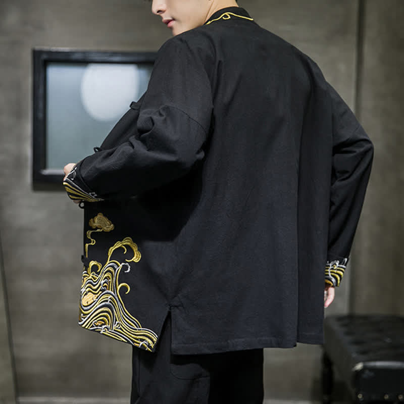 Buddha Stones Fall Winter Tang Style Vintage Frog Button Embroidery Clouds Pattern Cotton Men's Jacket - image 13