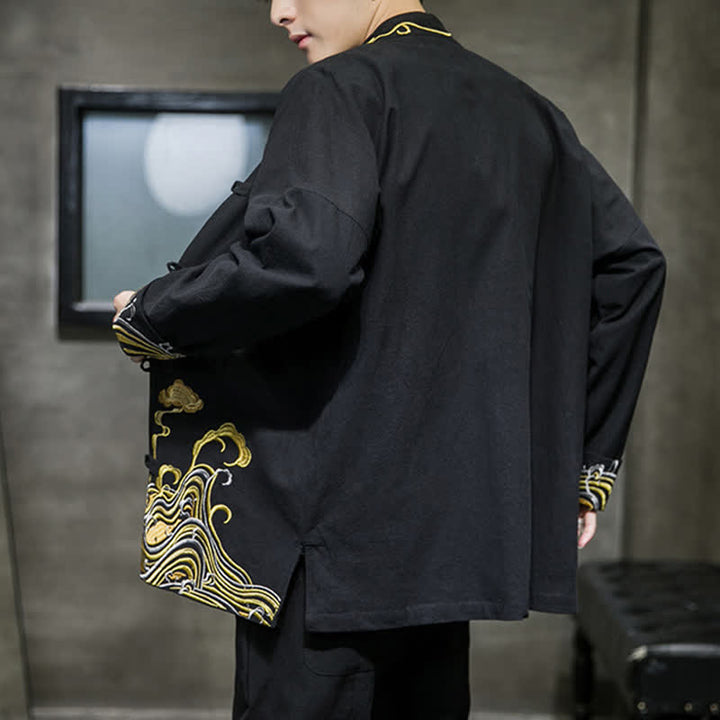 Buddha Stones Fall Winter Tang Style Vintage Frog Button Embroidery Clouds Pattern Cotton Men's Jacket - image 13