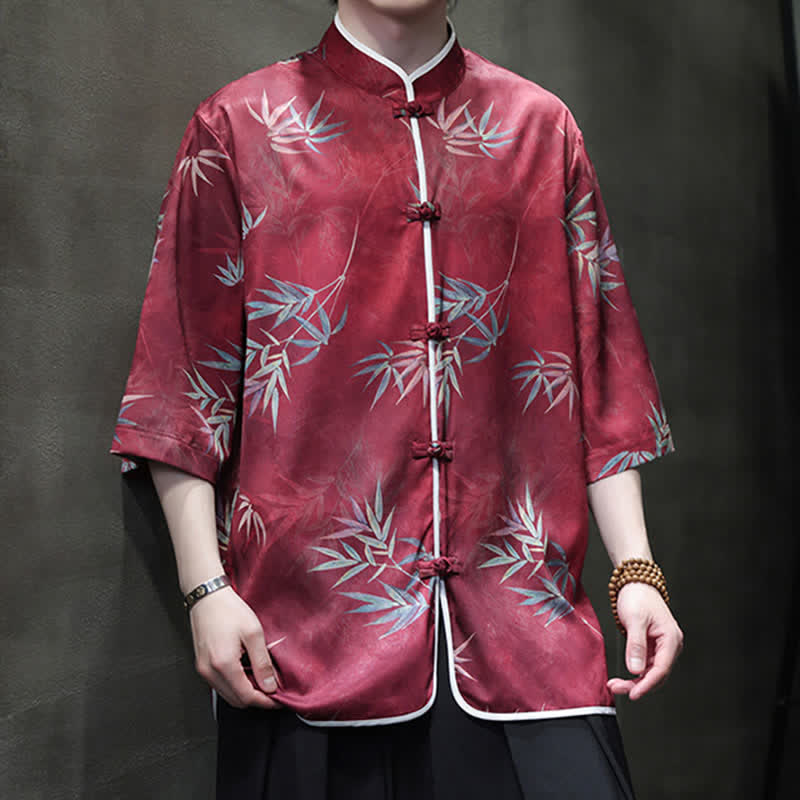 Buddha Stones Spring Summer Vintage Tang Style Mandarin Collar Bamboo Print Men's Elbow-Length Sleeve Shirts - image 1