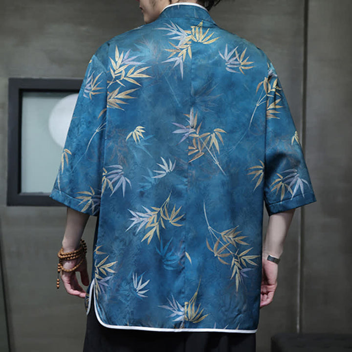Buddha Stones Spring Summer Vintage Tang Style Mandarin Collar Bamboo Print Men's Elbow-Length Sleeve Shirts - image 22