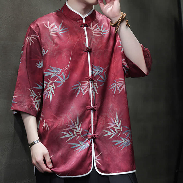 Buddha Stones Spring Summer Vintage Tang Style Mandarin Collar Bamboo Print Men's Elbow-Length Sleeve Shirts - image 5