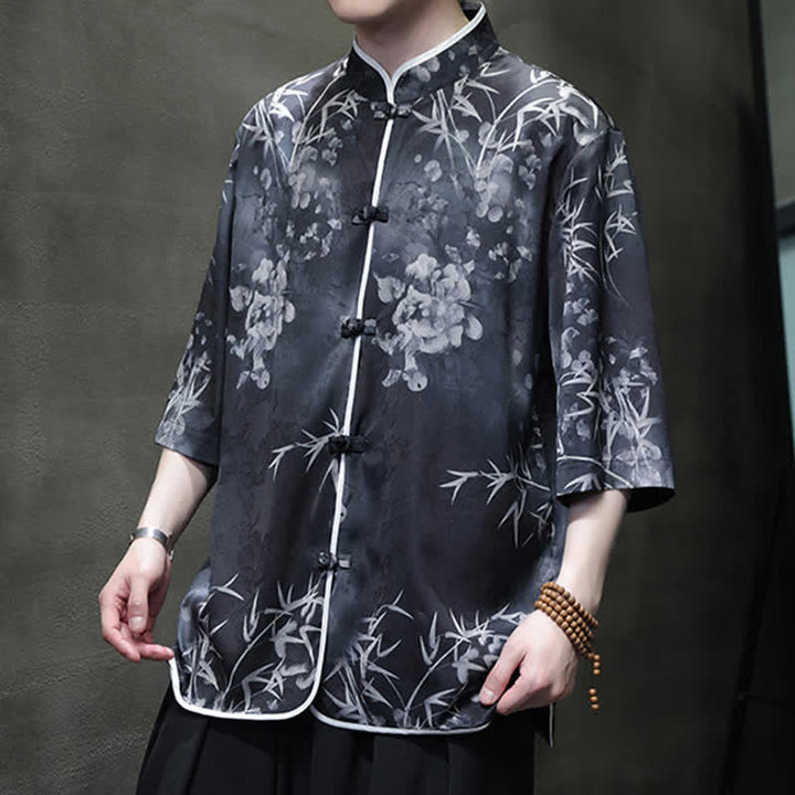 Buddha Stones Spring Summer Vintage Tang Style Mandarin Collar Bamboo Print Men's Elbow-Length Sleeve Shirts - image 13
