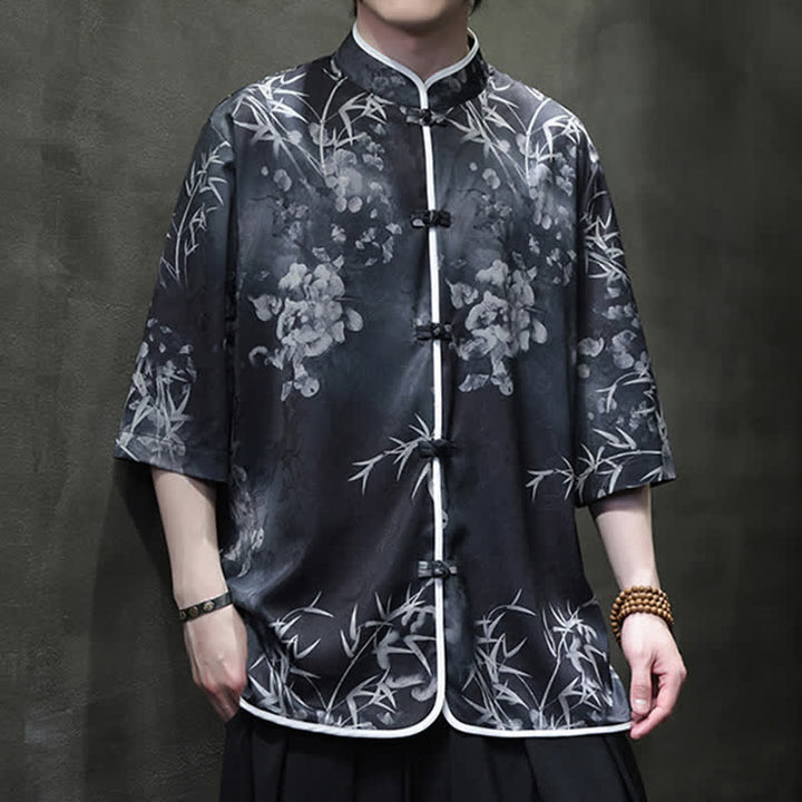 Buddha Stones Spring Summer Vintage Tang Style Mandarin Collar Bamboo Print Men's Elbow-Length Sleeve Shirts - image 16