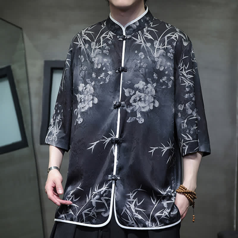 Buddha Stones Spring Summer Vintage Tang Style Mandarin Collar Bamboo Print Men's Elbow-Length Sleeve Shirts - image 11