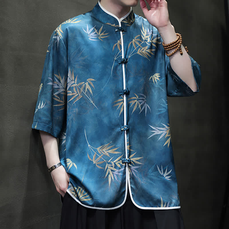 Buddha Stones Spring Summer Vintage Tang Style Mandarin Collar Bamboo Print Men's Elbow-Length Sleeve Shirts - image 23