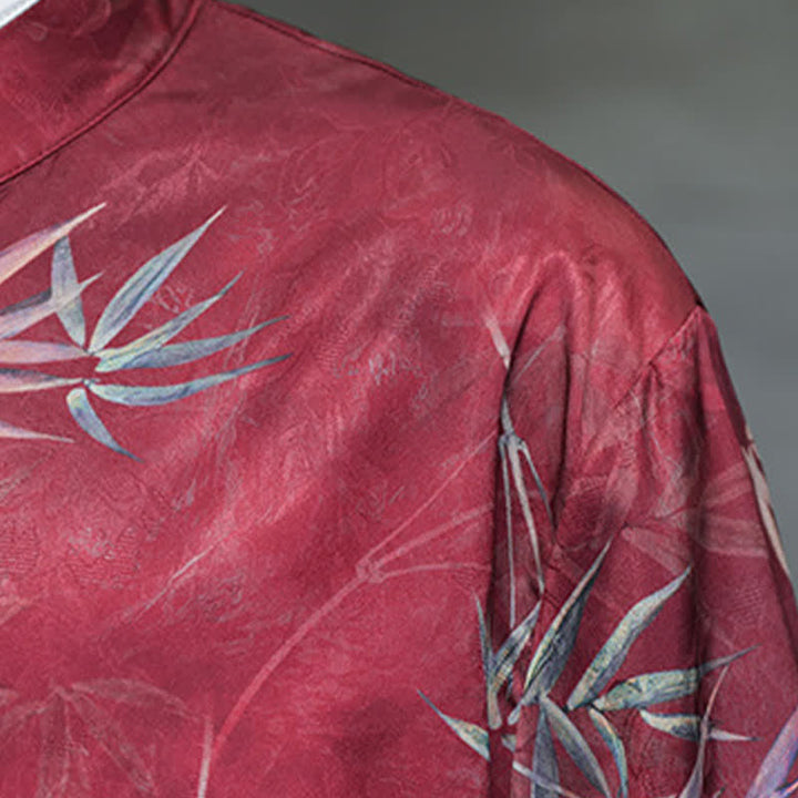 Buddha Stones Spring Summer Vintage Tang Style Mandarin Collar Bamboo Print Men's Elbow-Length Sleeve Shirts - image 8
