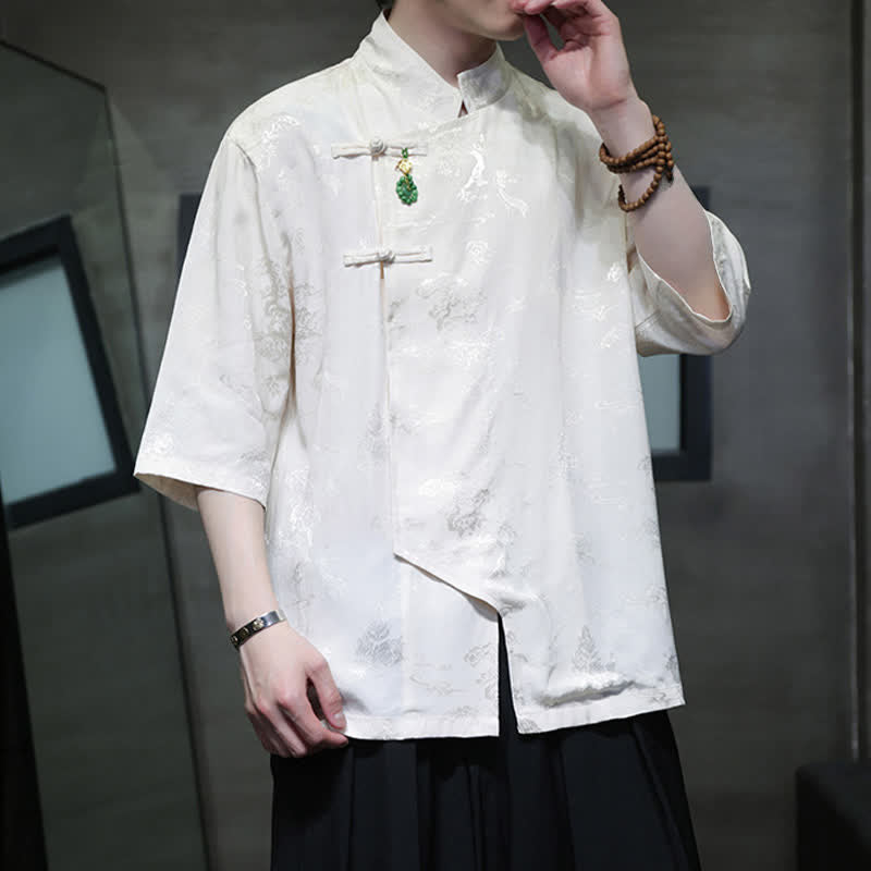 Buddha Stones Spring Tang Style Elegant Mandarin Collar Frog Button Men's Elbow-Length Sleeve Shirts - image 5