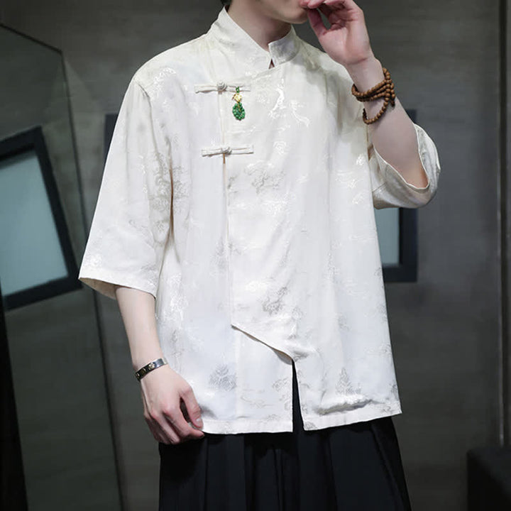 Buddha Stones Spring Tang Style Elegant Mandarin Collar Frog Button Men's Elbow-Length Sleeve Shirts - image 5