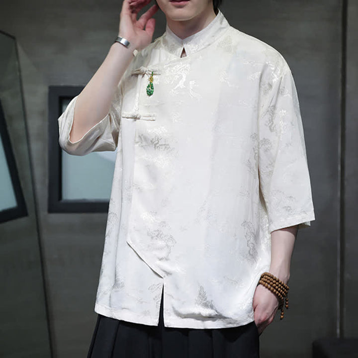 Buddha Stones Spring Tang Style Elegant Mandarin Collar Frog Button Men's Elbow-Length Sleeve Shirts - image 3