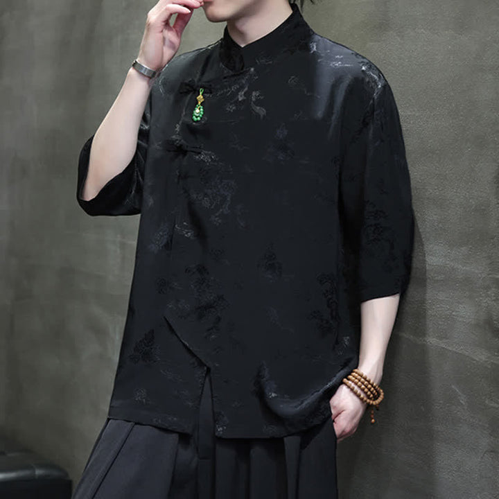 Buddha Stones Spring Tang Style Elegant Mandarin Collar Frog Button Men's Elbow-Length Sleeve Shirts - image 13