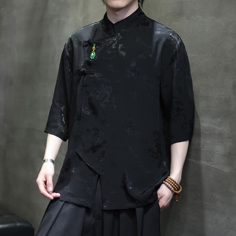 Buddha Stones Spring Tang Style Elegant Mandarin Collar Frog Button Men's Elbow-Length Sleeve Shirts - image 14