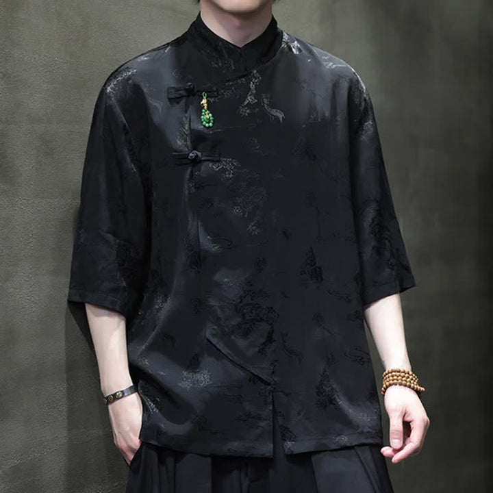 Buddha Stones Spring Tang Style Elegant Mandarin Collar Frog Button Men's Elbow-Length Sleeve Shirts - image 10