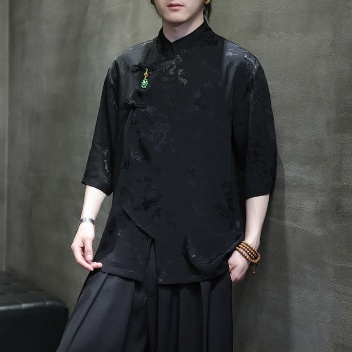 Buddha Stones Spring Tang Style Elegant Mandarin Collar Frog Button Men's Elbow-Length Sleeve Shirts - image 16