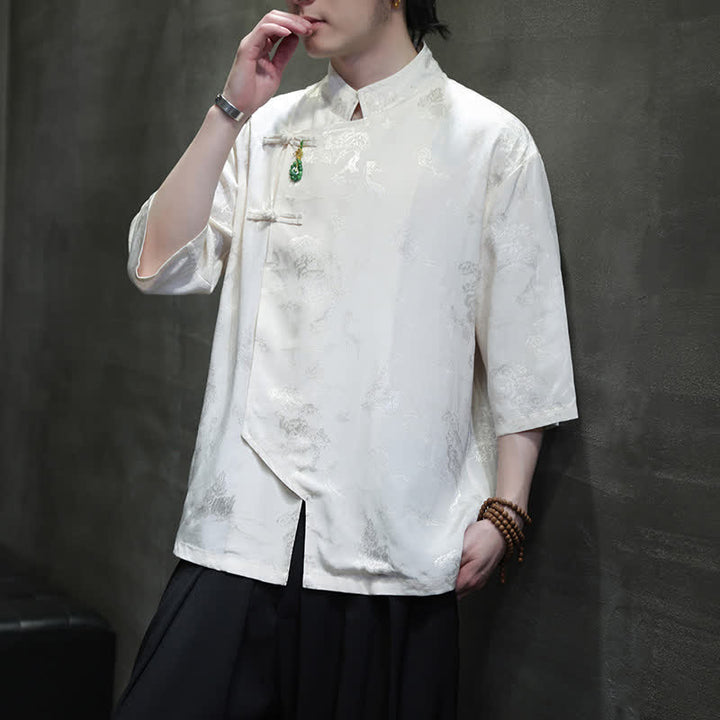 Buddha Stones Spring Tang Style Elegant Mandarin Collar Frog Button Men's Elbow-Length Sleeve Shirts - image 6