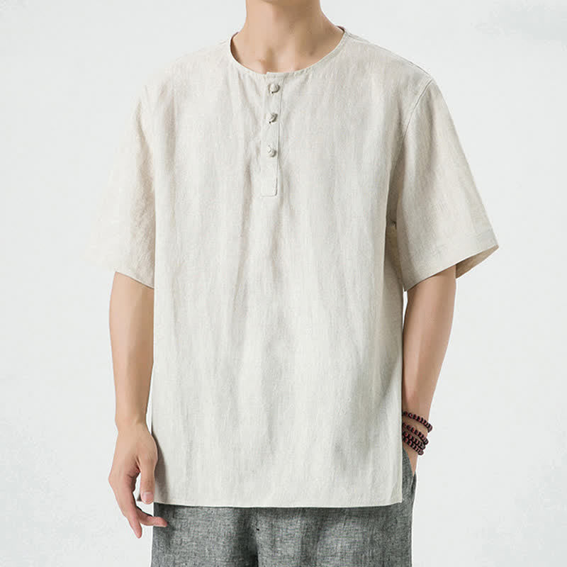 Buddha Stones Summer Casual Minimalist Side Slit Solid Crew Neck Linen Men's Short Sleeve Shirts - image 1