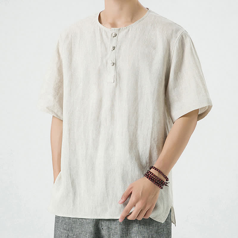 Buddha Stones Summer Casual Minimalist Side Slit Solid Crew Neck Linen Men's Short Sleeve Shirts - image 2