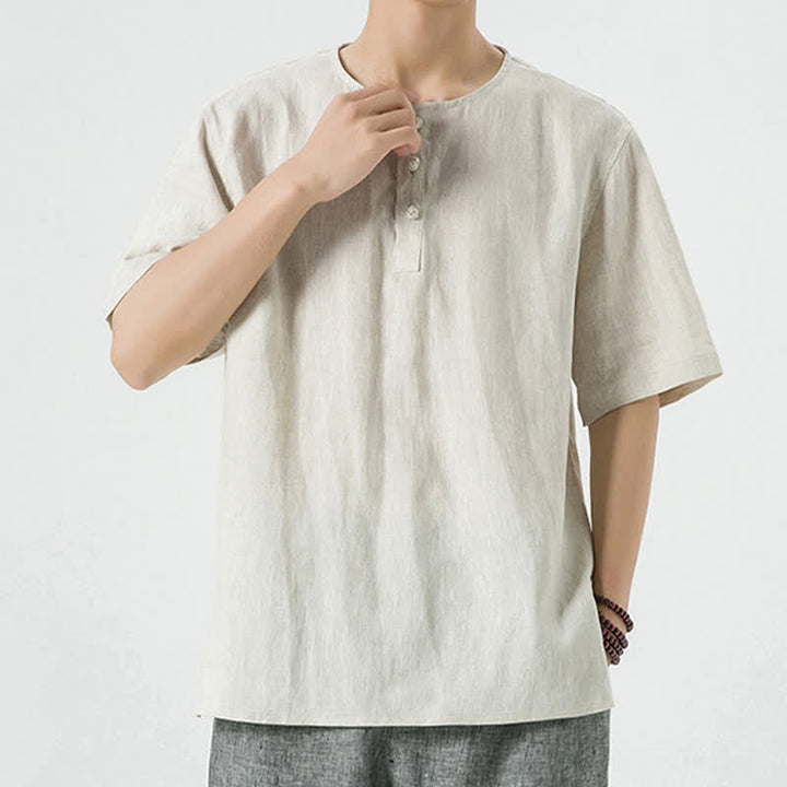 Buddha Stones Summer Casual Minimalist Side Slit Solid Crew Neck Linen Men's Short Sleeve Shirts - image 3