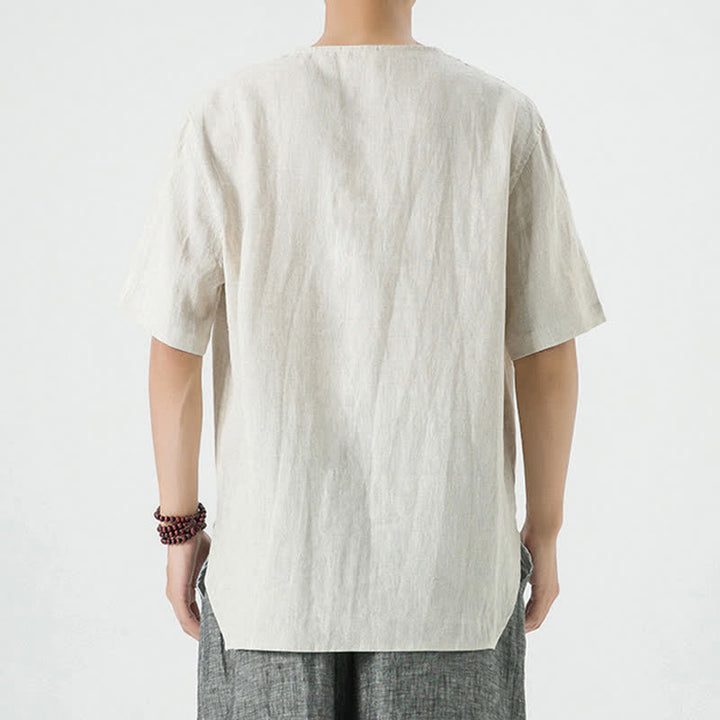 Buddha Stones Summer Casual Minimalist Side Slit Solid Crew Neck Linen Men's Short Sleeve Shirts - image 4