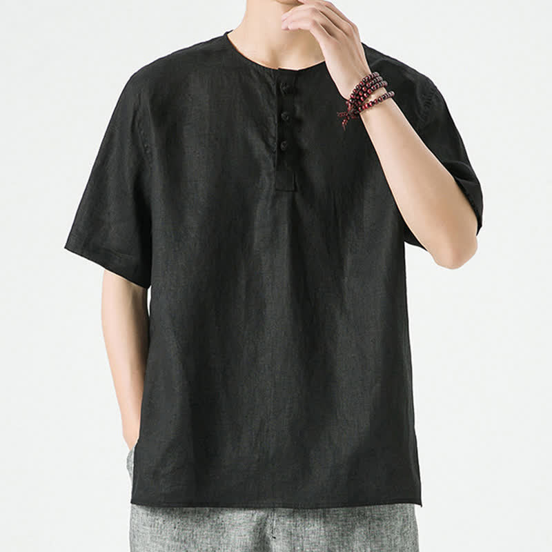 Buddha Stones Summer Casual Minimalist Side Slit Solid Crew Neck Linen Men's Short Sleeve Shirts - image 12