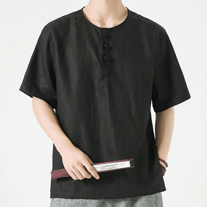 Buddha Stones Summer Casual Minimalist Side Slit Solid Crew Neck Linen Men's Short Sleeve Shirts - image 16