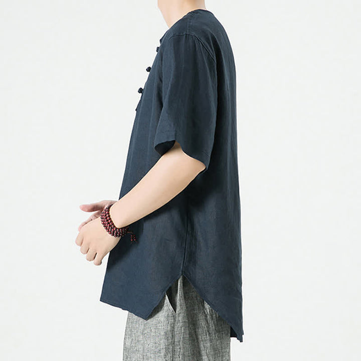 Buddha Stones Summer Casual Minimalist Side Slit Solid Crew Neck Linen Men's Short Sleeve Shirts - image 20