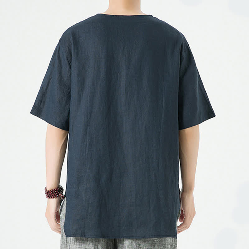 Buddha Stones Summer Casual Minimalist Side Slit Solid Crew Neck Linen Men's Short Sleeve Shirts - image 21