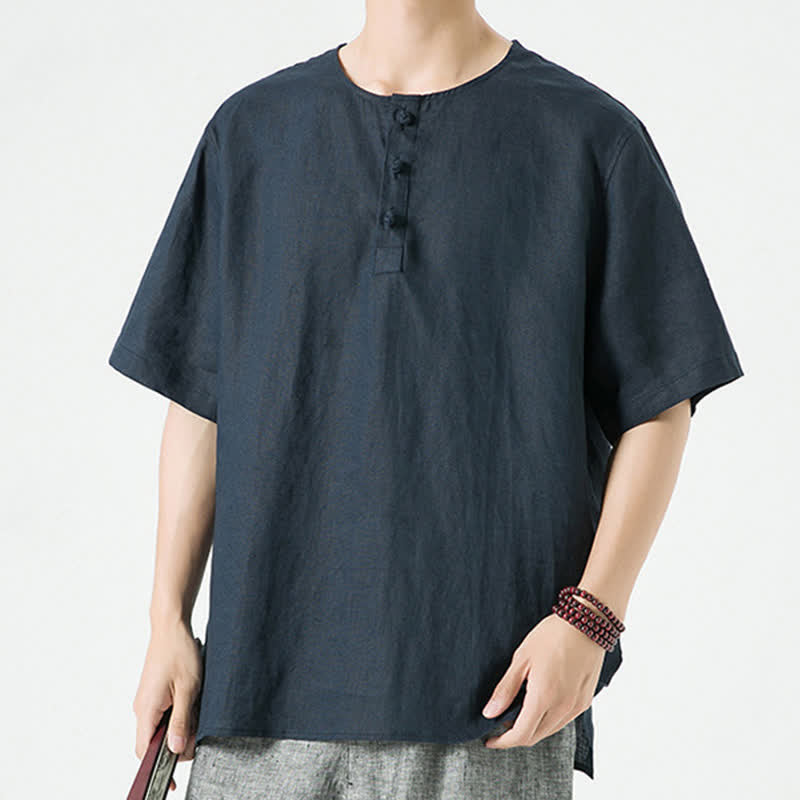 Buddha Stones Summer Casual Minimalist Side Slit Solid Crew Neck Linen Men's Short Sleeve Shirts - image 23