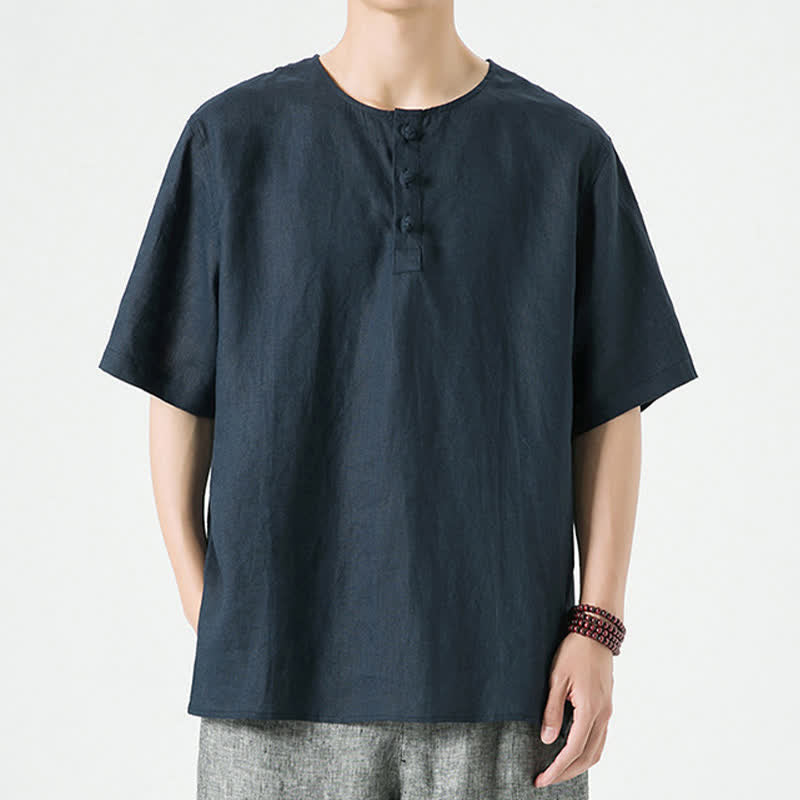 Buddha Stones Summer Casual Minimalist Side Slit Solid Crew Neck Linen Men's Short Sleeve Shirts - image 22