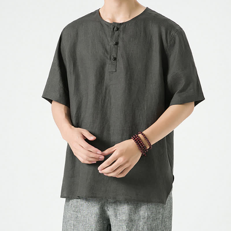 Buddha Stones Summer Casual Minimalist Side Slit Solid Crew Neck Linen Men's Short Sleeve Shirts - image 26