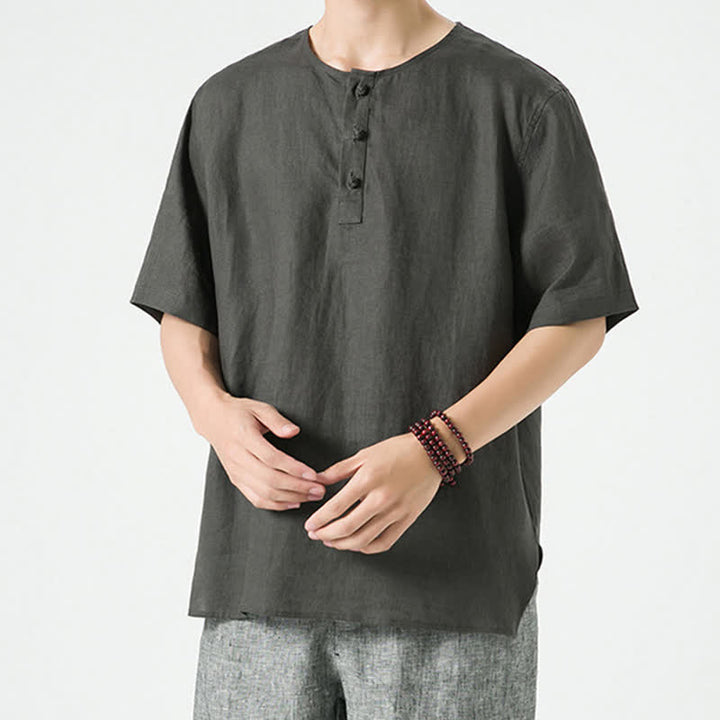 Buddha Stones Summer Casual Minimalist Side Slit Solid Crew Neck Linen Men's Short Sleeve Shirts - image 26