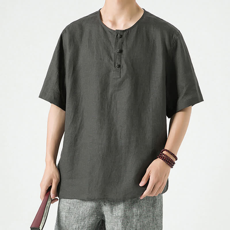Buddha Stones Summer Casual Minimalist Side Slit Solid Crew Neck Linen Men's Short Sleeve Shirts - image 30