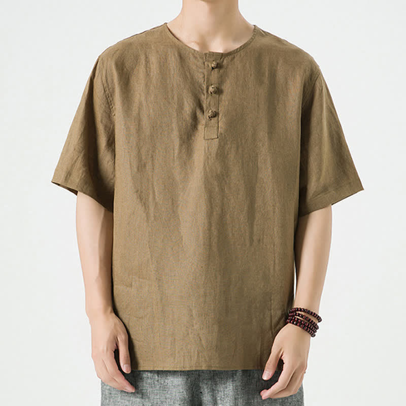 Buddha Stones Summer Casual Minimalist Side Slit Solid Crew Neck Linen Men's Short Sleeve Shirts - image 39