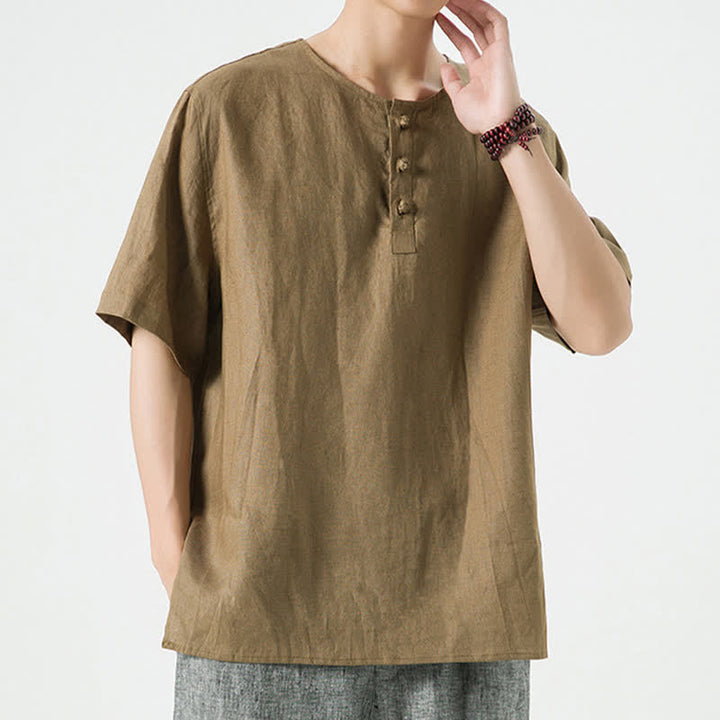Buddha Stones Summer Casual Minimalist Side Slit Solid Crew Neck Linen Men's Short Sleeve Shirts - image 34