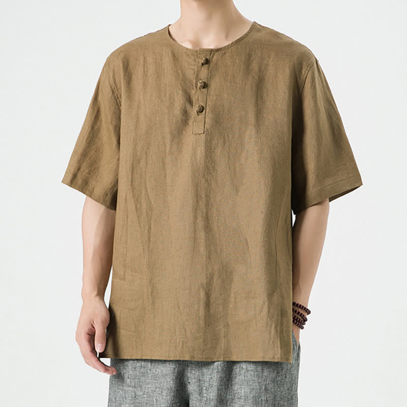 Buddha Stones Summer Casual Minimalist Side Slit Solid Crew Neck Linen Men's Short Sleeve Shirts - Peru - US/UK/AU46，EU56 (5XL) - image 32