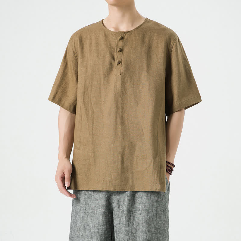 Buddha Stones Summer Casual Minimalist Side Slit Solid Crew Neck Linen Men's Short Sleeve Shirts - image 40