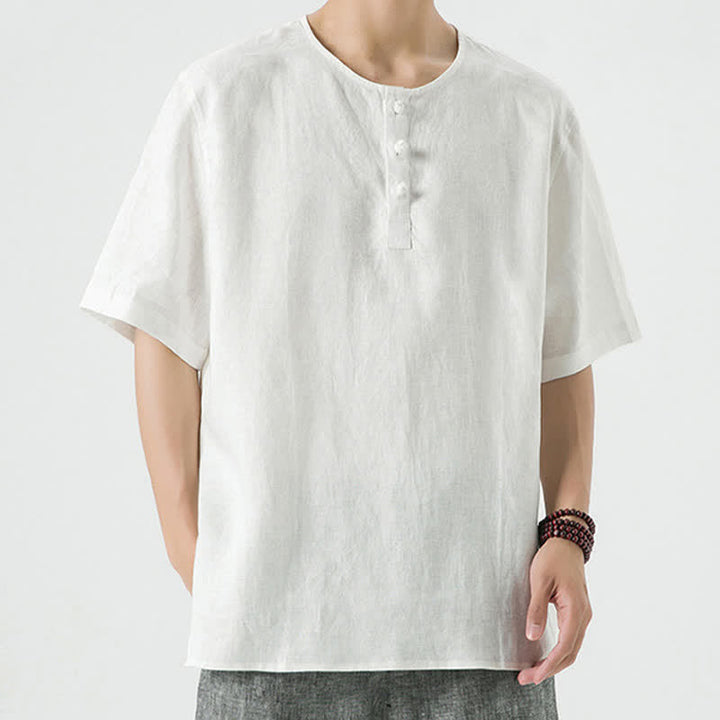 Buddha Stones Summer Casual Minimalist Side Slit Solid Crew Neck Linen Men's Short Sleeve Shirts - image 48