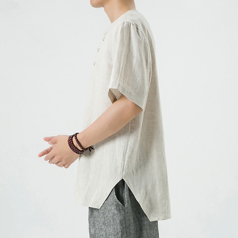 Buddha Stones Summer Casual Minimalist Side Slit Solid Crew Neck Linen Men's Short Sleeve Shirts - image 5