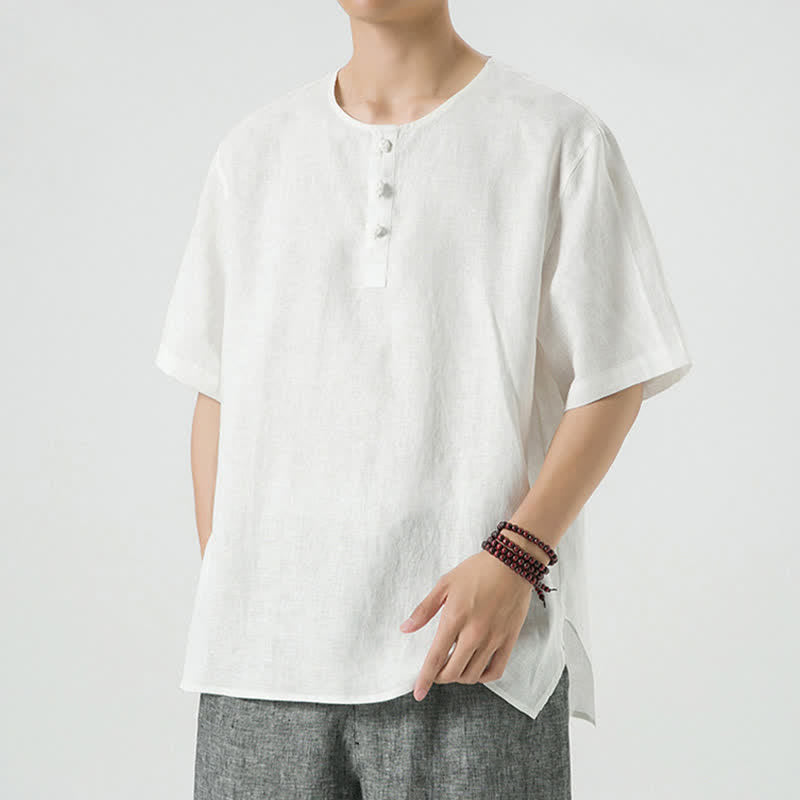 Buddha Stones Summer Casual Minimalist Side Slit Solid Crew Neck Linen Men's Short Sleeve Shirts - image 43