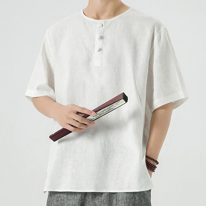 Buddha Stones Summer Casual Minimalist Side Slit Solid Crew Neck Linen Men's Short Sleeve Shirts - image 49
