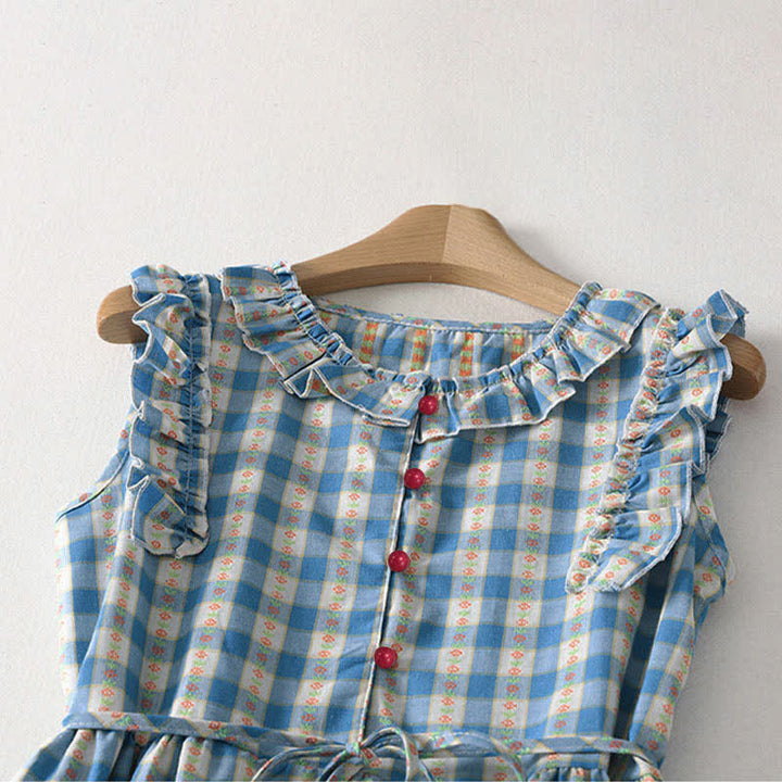 Buddha Stones Summer Button-Up Drawstring Gingham Women's Summer Sleeveless Dress With Pockets - image 2