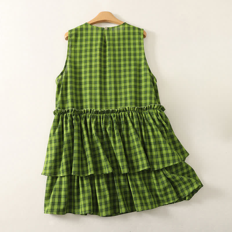 Buddha Stones Summer Casual Green Plaid Pattern Ruffles Cotton Tank Top Women's Sleeveless Shirts - image 1
