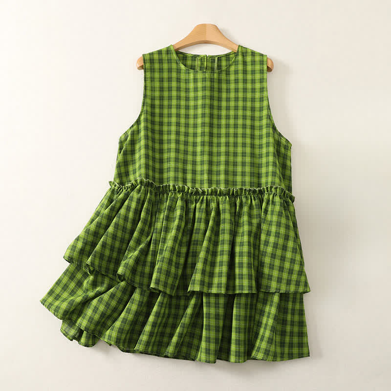 Buddha Stones Summer Casual Green Plaid Pattern Ruffles Cotton Tank Top Women's Sleeveless Shirts - YellowGreen - US12, UK/AU16, EU44 (2XL) - image 0