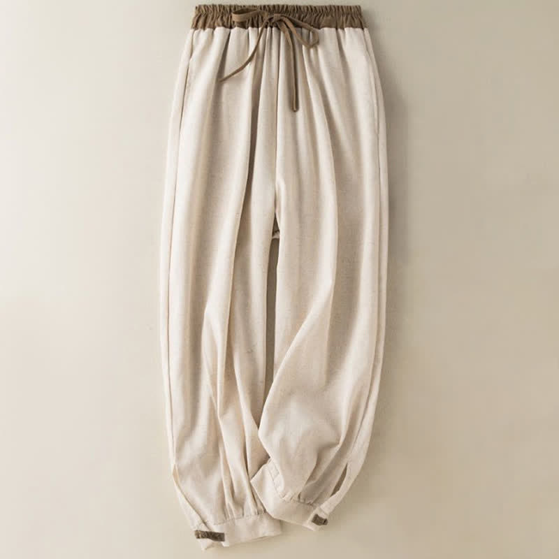 Buddha Stones Plain Cotton Drawstring Women's Harem Pants With Pockets - Beige - US16，UK/AU20，EU48 (3XL) - image 0