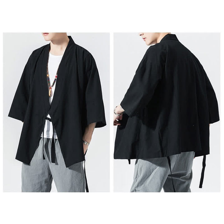 Buddha Stones Summer Casual Minimalist Drawstring Solid Elbow-Length Sleeve Men's Kimono - image 13