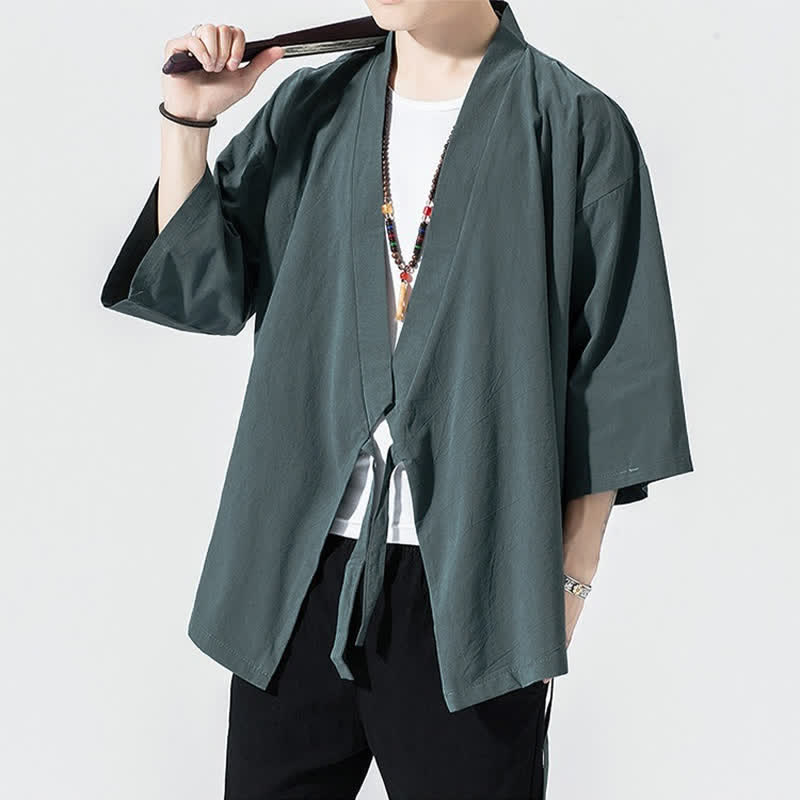 Buddha Stones Summer Casual Minimalist Drawstring Solid Elbow-Length Sleeve Men's Kimono - image 3