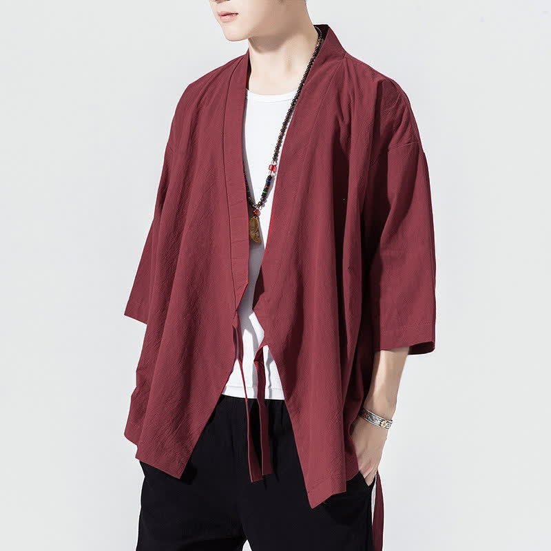 Buddha Stones Summer Casual Minimalist Drawstring Solid Elbow-Length Sleeve Men's Kimono - FireBrick - US/UK/AU46, EU56 (5XL) - image 19