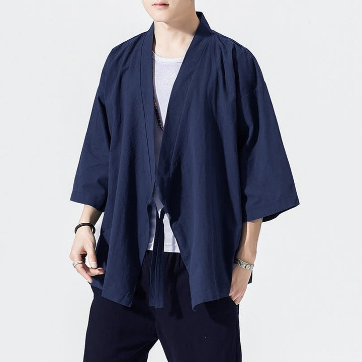 Buddha Stones Summer Casual Minimalist Drawstring Solid Elbow-Length Sleeve Men's Kimono - MidnightBlue - US/UK/AU46, EU56 (5XL) - image 14