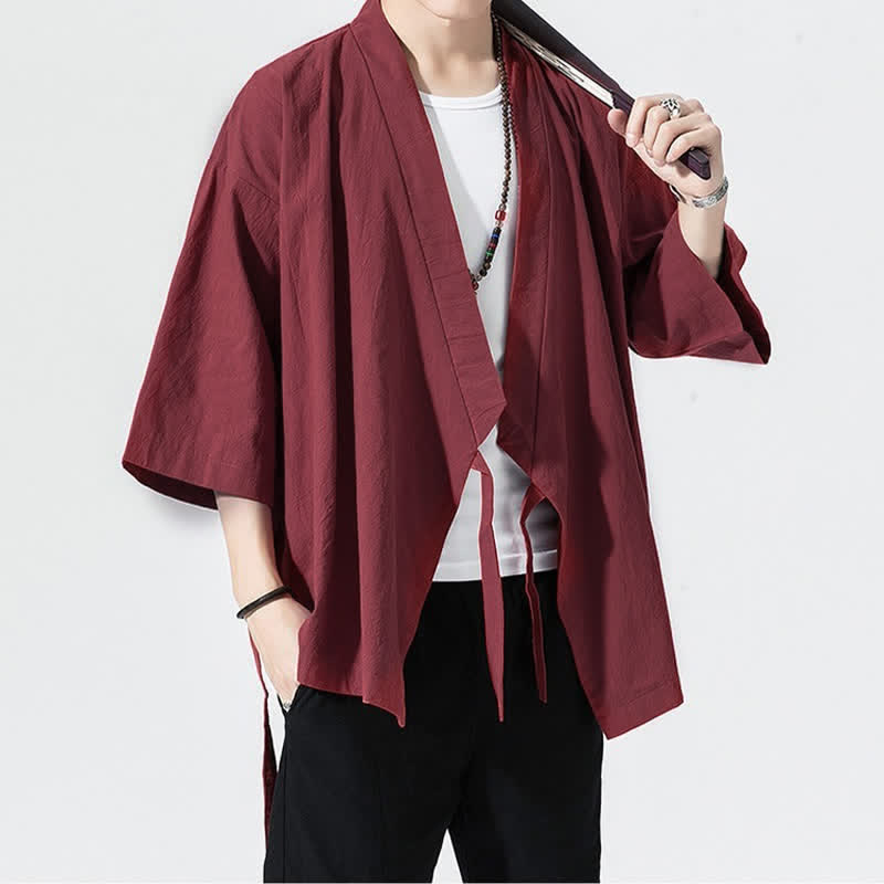 Buddha Stones Summer Casual Minimalist Drawstring Solid Elbow-Length Sleeve Men's Kimono - image 22