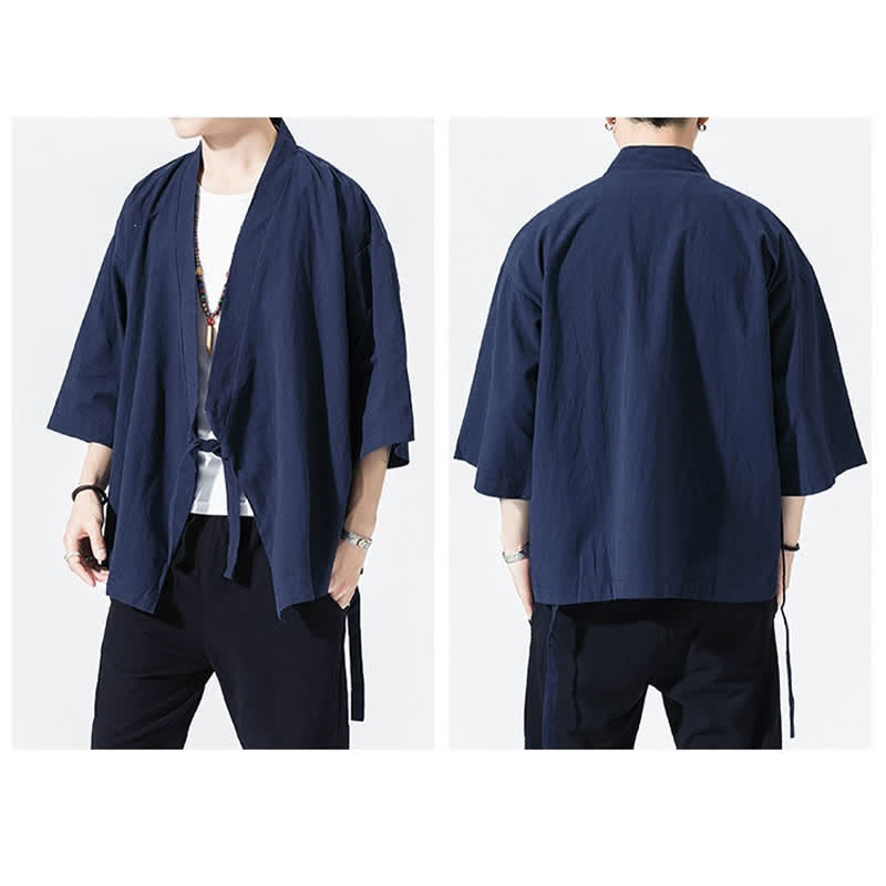 Buddha Stones Summer Casual Minimalist Drawstring Solid Elbow-Length Sleeve Men's Kimono - image 18