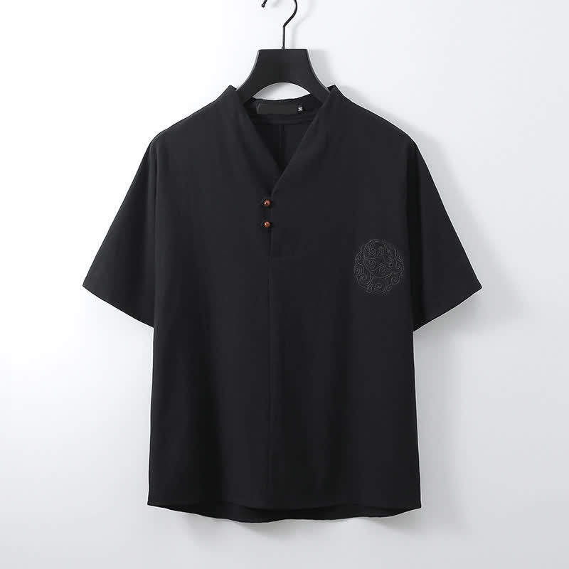 Buddha Stones 2Pcs Summer Tang Style Casual Embroidery Solid Cotton Linen Short Sleeve Shirt Shorts Men's Meditation Cloth With Pocket - image 4